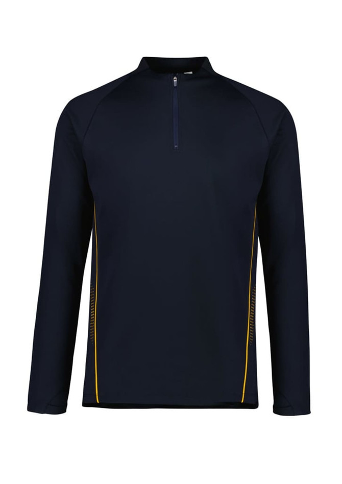 A navy unisex mid layer top with a quarter zip, featuring yellow side accents and a logo.