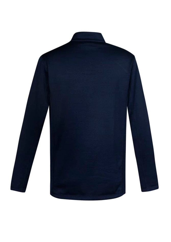 A navy jumper with a collar and long sleeves, featuring a branding logo on the back.