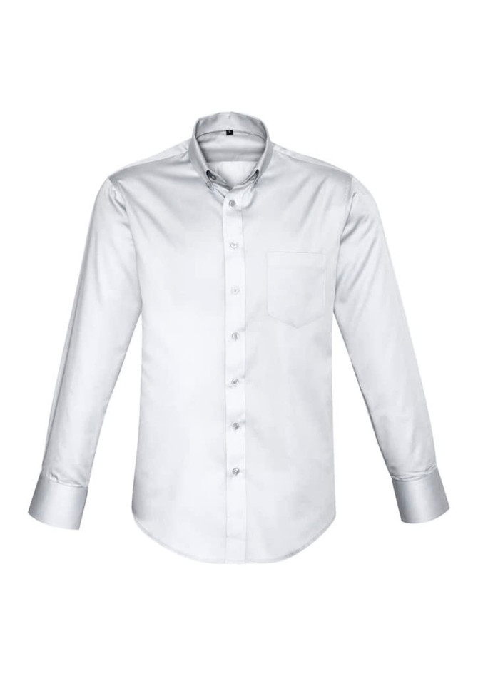 A white long sleeve shirt featuring a button-down collar and a chest pocket. It has a logo on the fabric.