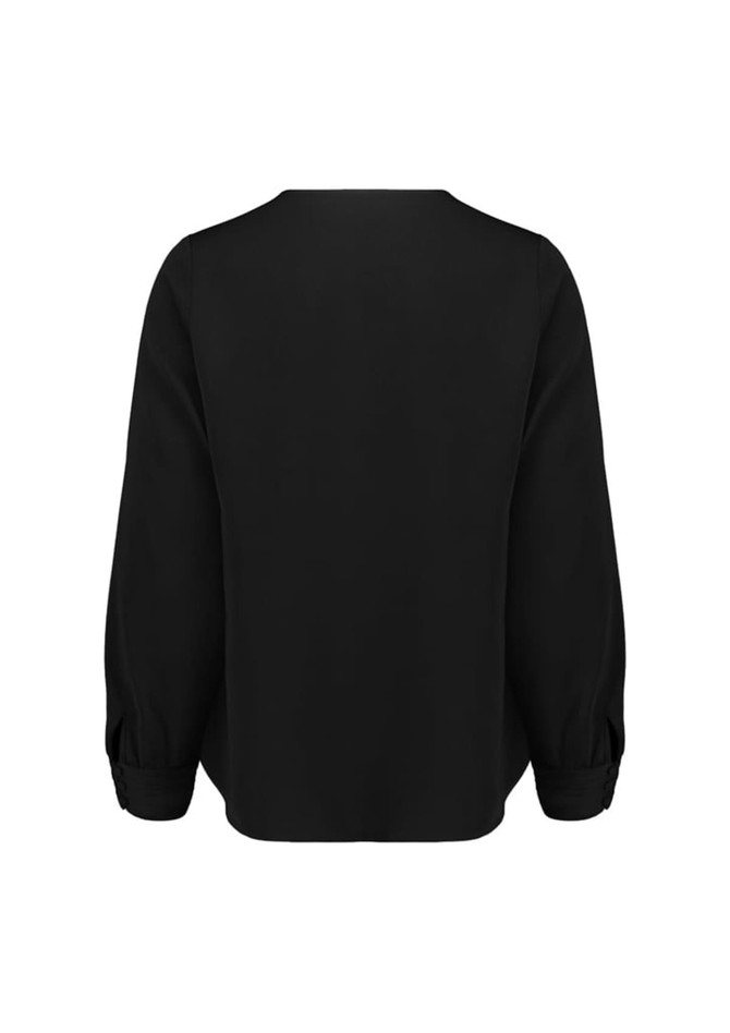 A black long sleeve blouse with a simple design and gathered sleeves. It features a rounded neckline and a logo.