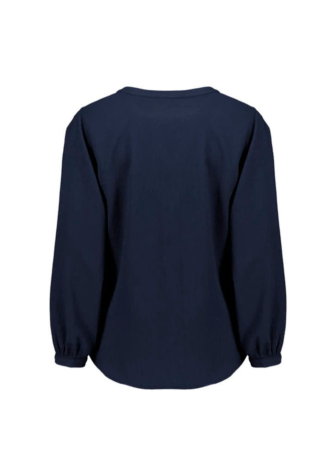 A navy blue women's long sleeve blouse featuring ruché detailing and a relaxed fit design. It has a branding logo.
