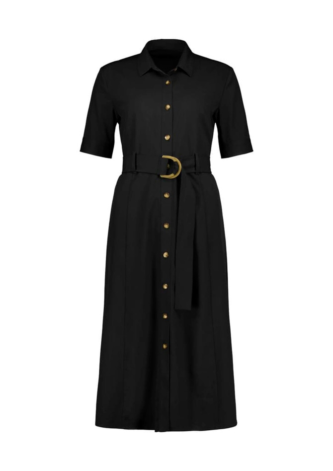 A black midi dress with short sleeves, button-down front, and a belt featuring a gold buckle. It has a logo present.