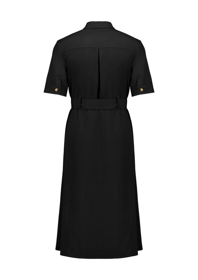 A black midi dress with short sleeves, a belted waist, and a buttoned back. Features a logo.