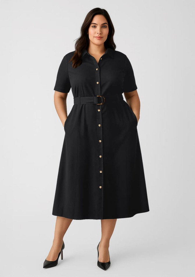A black midi dress with a button-down front, short sleeves, and a belt at the waist. It features side pockets.