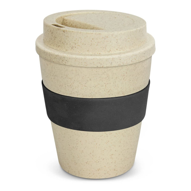 A drink bottle in a natural beige colour with a black silicone band and a lid, featuring a logo.