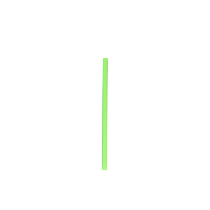 A reusable silicone straw in bright green, featuring a smooth surface and a simple design. It includes a logo.