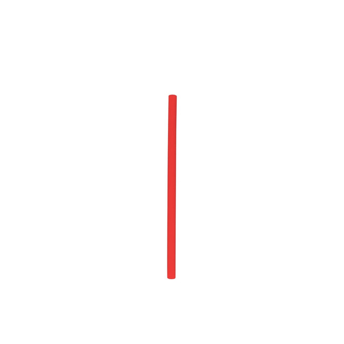 A reusable silicone straw in red, featuring a smooth design and a logo. Ideal for eco-friendly drinking.