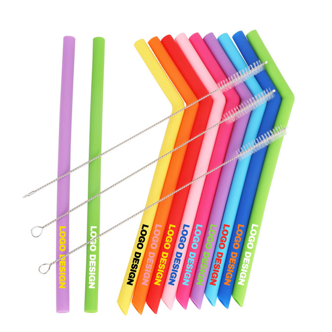 A set of reusable silicone straws in various bright colours with a cleaning brush, featuring a logo design.