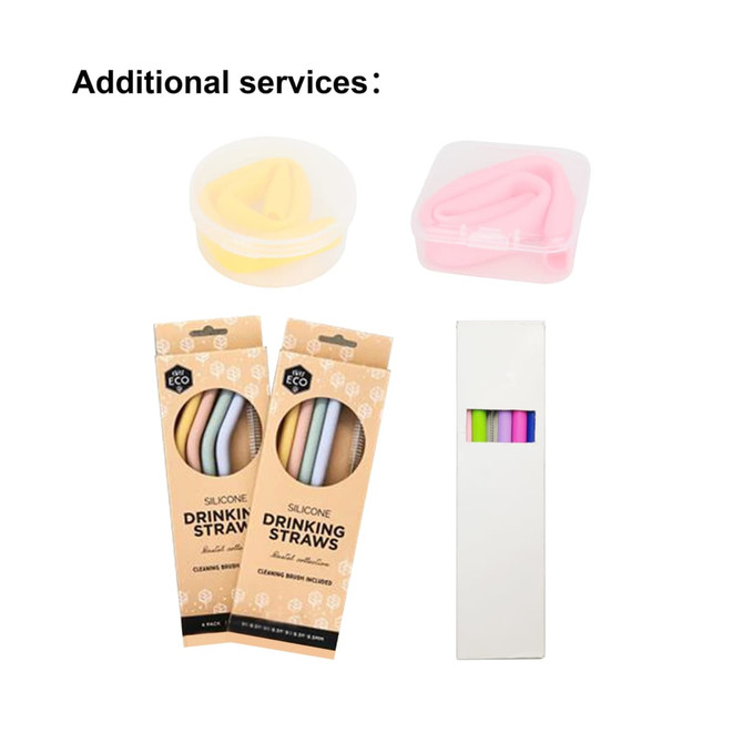 A collection of reusable silicone drinking straws in various pastel colours, packaged with a cleaning brush and a storage case.