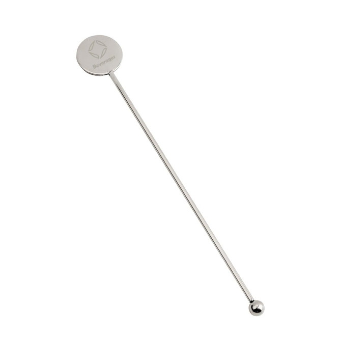 A stainless steel cocktail drink stirrer with a circular top and a rounded end, featuring a logo.