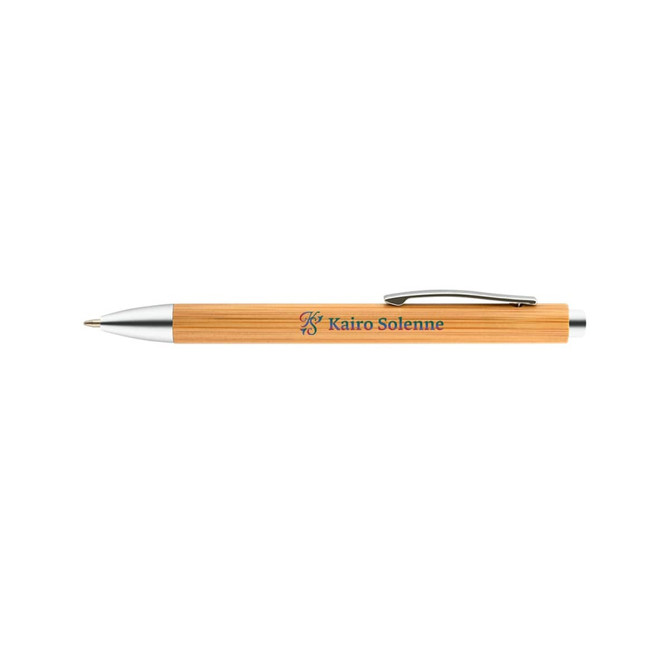 A bamboo pen with a silver clip and tip, featuring a logo on the wooden barrel.