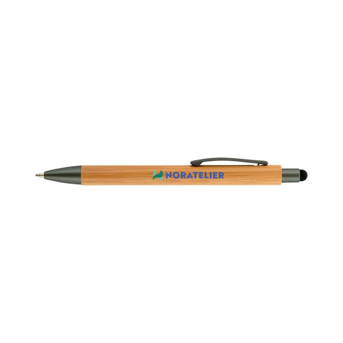 A bamboo pen and stylus with a silver tip and a clip, featuring a logo on the barrel.