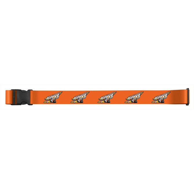 An orange luggage strap featuring a repeated design and a buckle closure. There is branding on the strap.