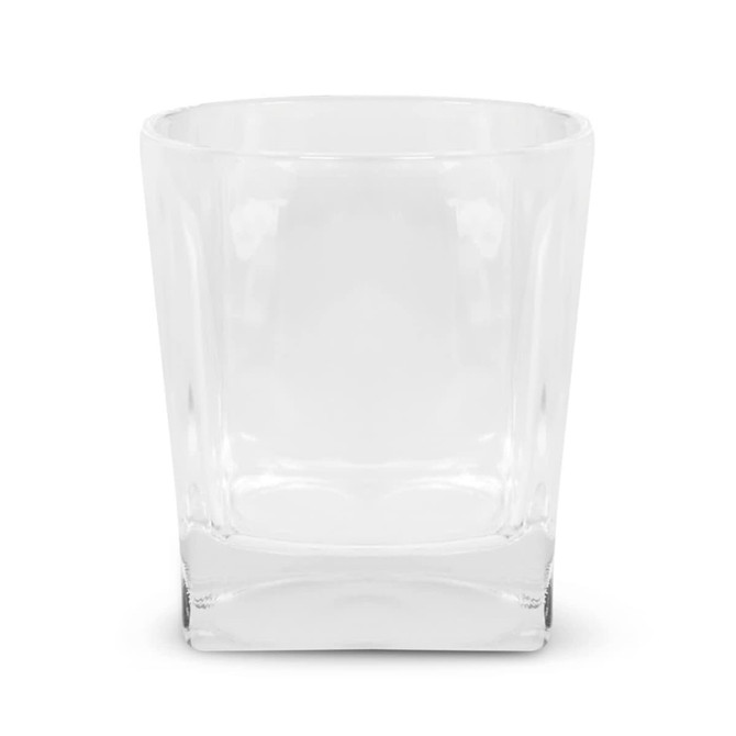 A glass tumbler with a clear, straight-edged design and a sturdy base. It features a logo on the side.