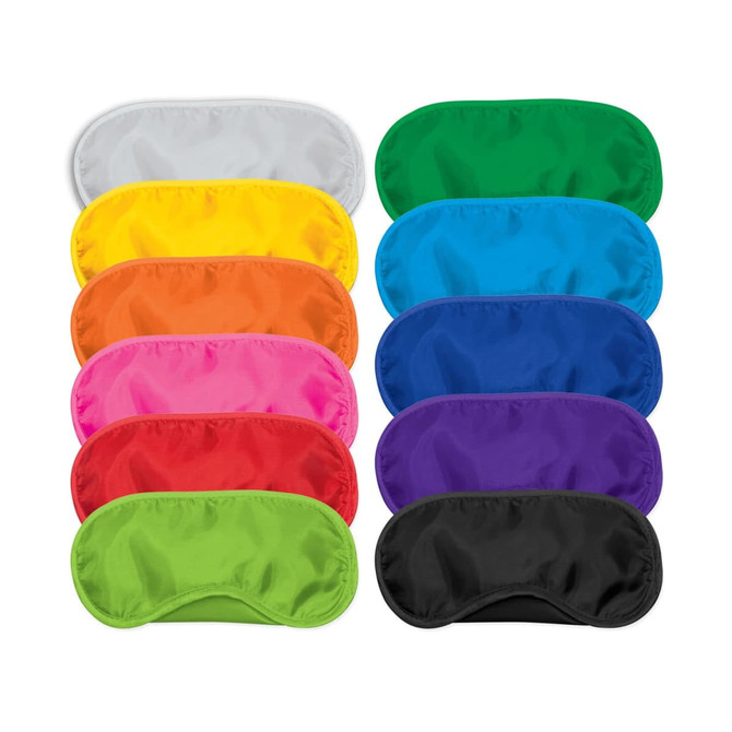 A collection of eye masks in various colours, including green, purple, blue, orange, pink, yellow, and black, with a logo.