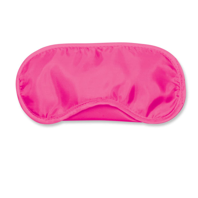 A bright pink eye mask with a soft, smooth surface and a contoured shape for comfort.