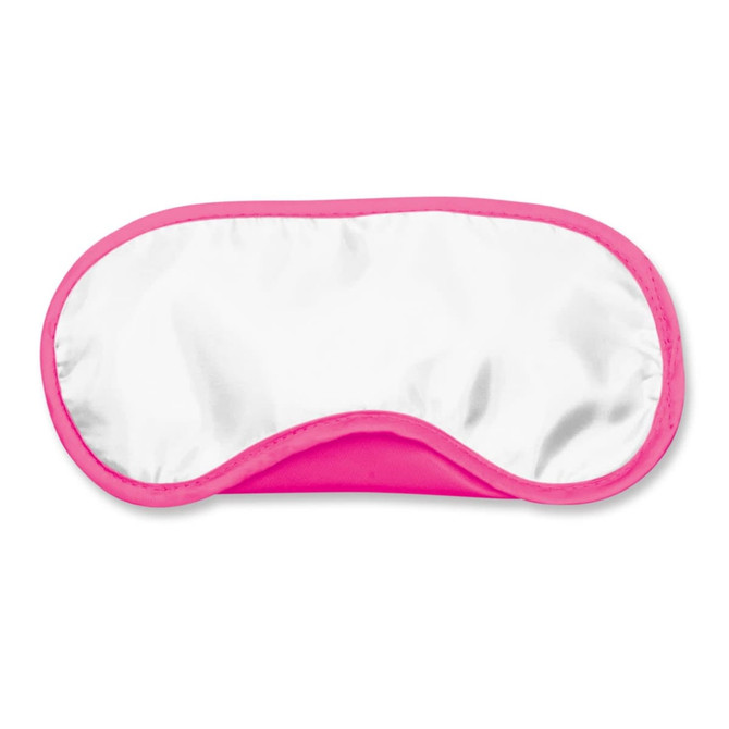 A full-color eye mask in a vibrant pink and white design.