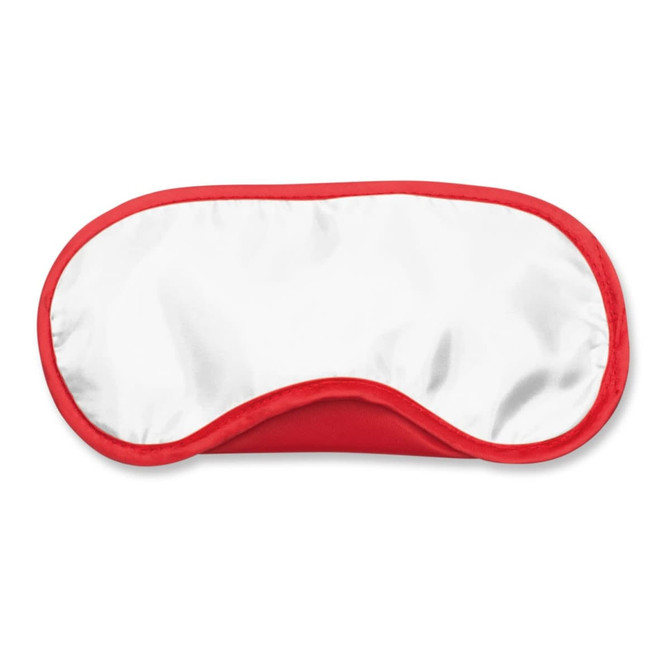 A red eye mask with a white surface for customizable printing.