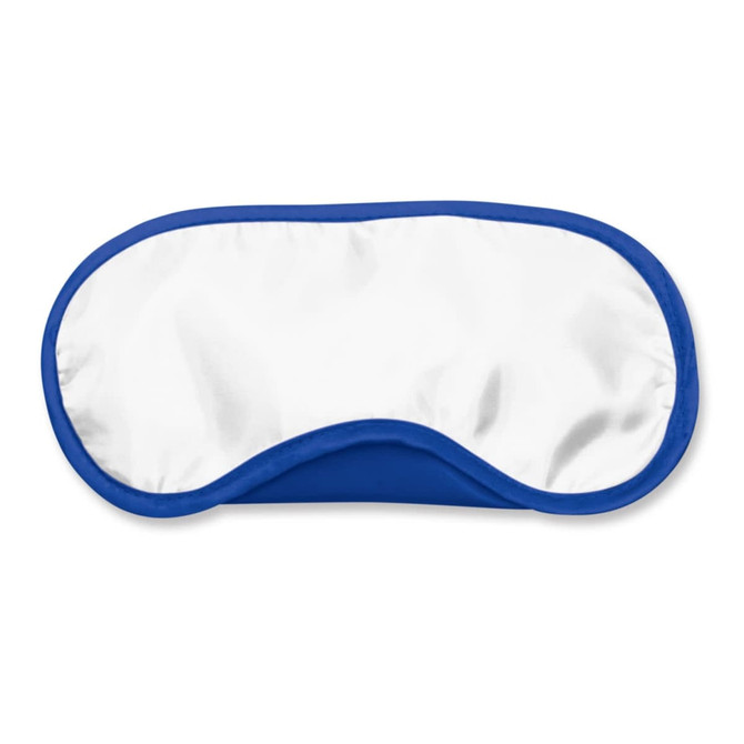 A full-color eye mask with a blue border and a white interior, designed for comfort and relaxation.