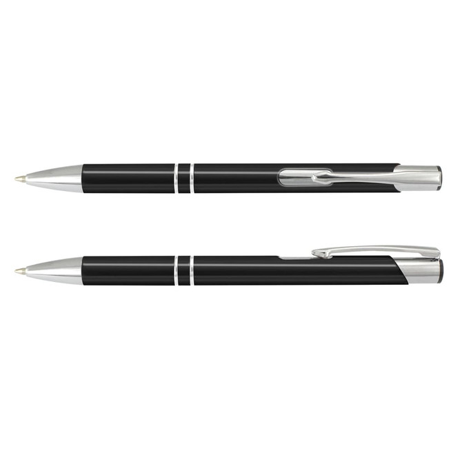 A metal pen in black with silver accents, featuring a sleek design and a logo on the barrel.