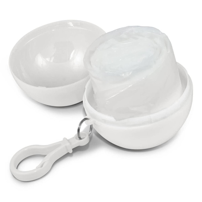 A white promotional product featuring a round container with a lid that holds a clear raincoat. It includes a keyring attachment.