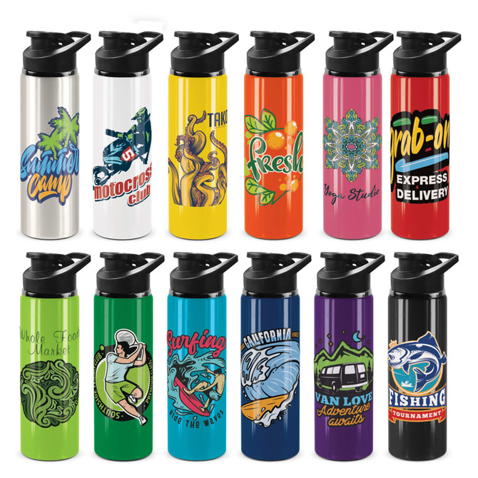 A drink bottle collection featuring various designs in vibrant colours, including blue, orange, yellow, and red, with logos.