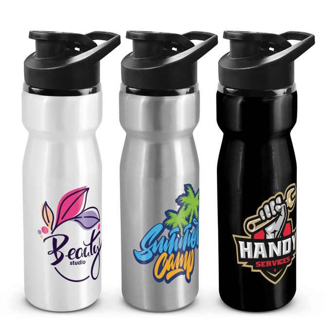 A drink bottle collection featuring white, silver, and black options, each with distinct logos and snap cap lids.