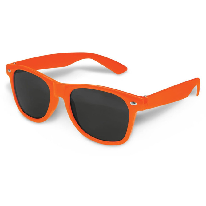 Orange sunglasses with dark lenses and a sleek design, featuring a logo on the arm.