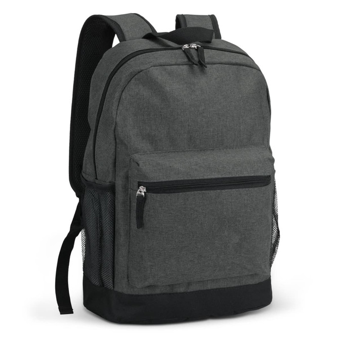 A grey Traverse Backpack featuring a main compartment, a front zip pocket, and mesh side pockets.