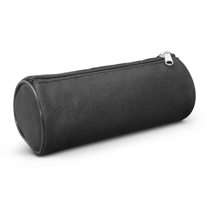 A cylindrical black pencil case with a textured exterior and a zippered closure.
