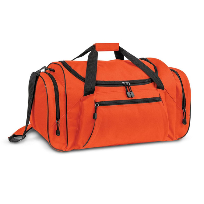 An orange duffle bag with multiple zipped pockets and black accents, featuring both handles and a shoulder strap.