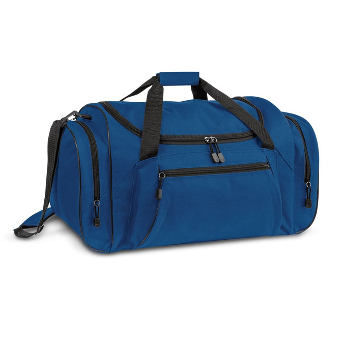 A blue duffle bag featuring multiple zippered pockets and a shoulder strap, with a logo on the side.