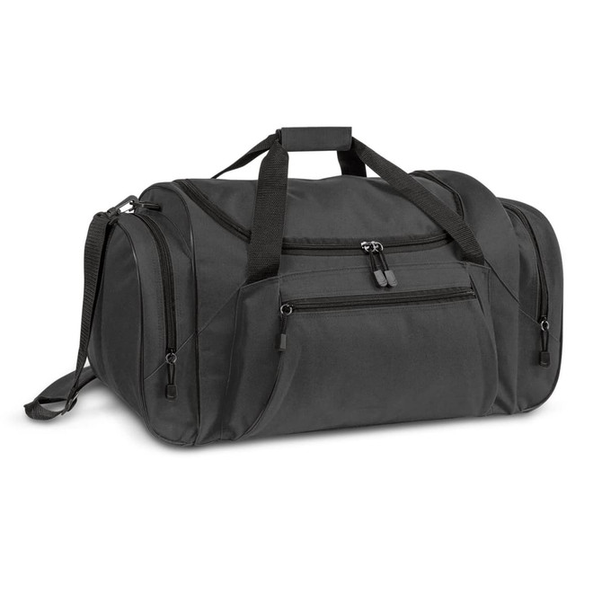 A black duffle bag with multiple pockets and a shoulder strap, featuring handles and a logo.