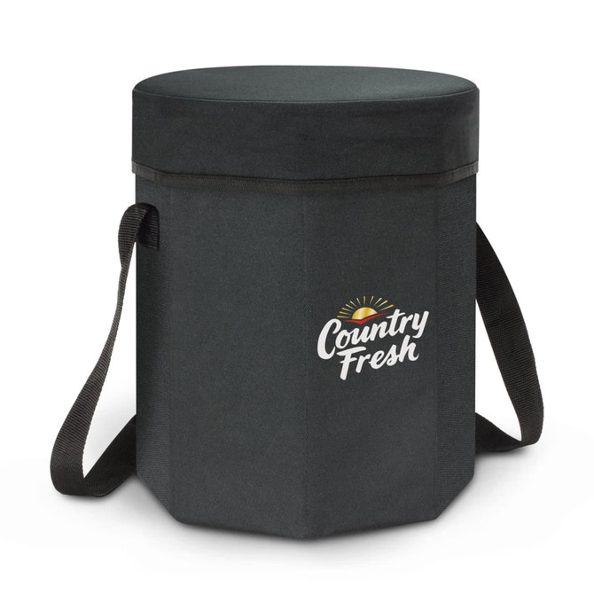 A black Igloo Cooler Seat with a round top, featuring a logo and sturdy straps for easy carrying.