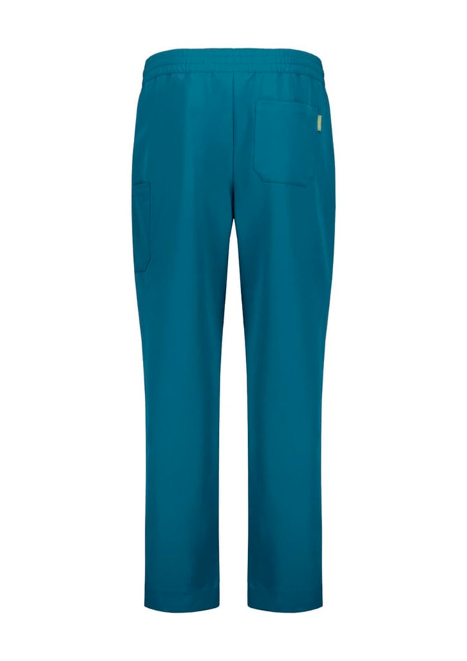 Teal unisex straight leg scrub pants with an elastic waistband and side pockets. The product features a logo.