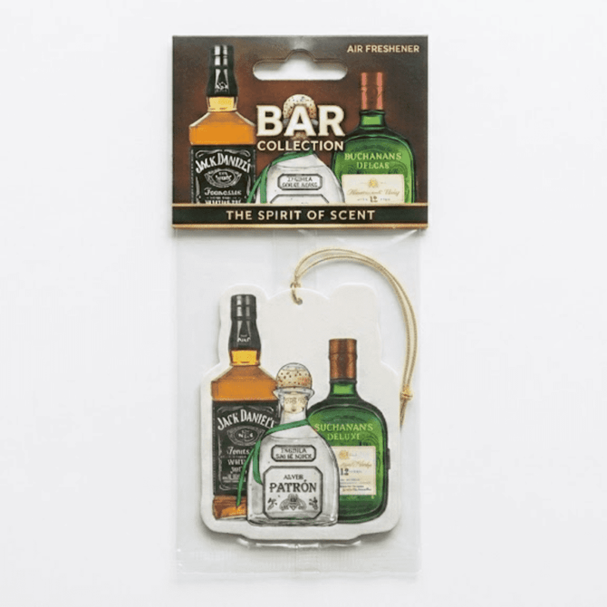 A pack of custom air fresheners featuring designs of various liquor bottles in vibrant colours.