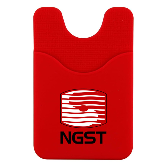 A red phone wallet with a textured surface and a logo printed on the front.