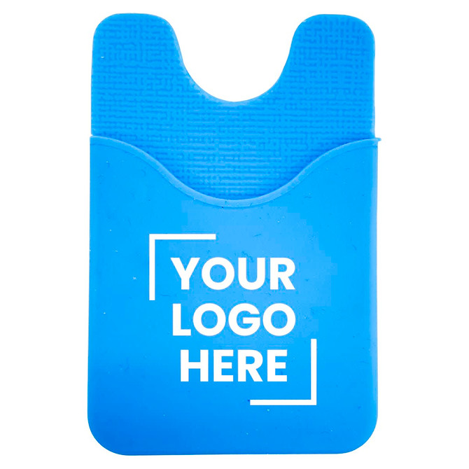 A blue phone wallet made of silicone, featuring a textured back and a placeholder for a logo.