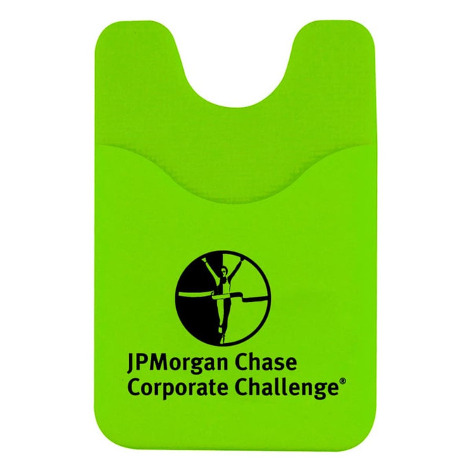 A green phone wallet with a curved top and a logo printed on the front.