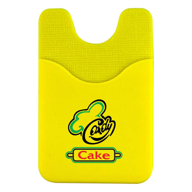 A yellow phone wallet with a textured design and a logo featuring a chef's hat and the word "Cake."