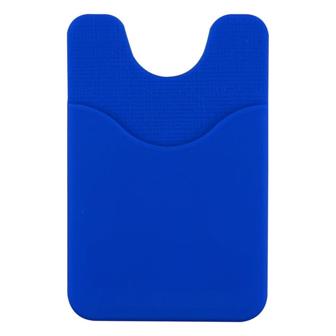 A blue silicone wallet designed to attach to a phone, featuring two pockets for cards. It has a textured surface.