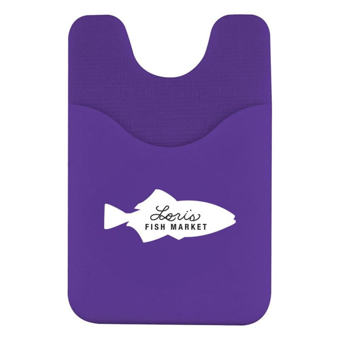 A purple phone wallet with a smooth texture and a pocket for cards, featuring a logo.