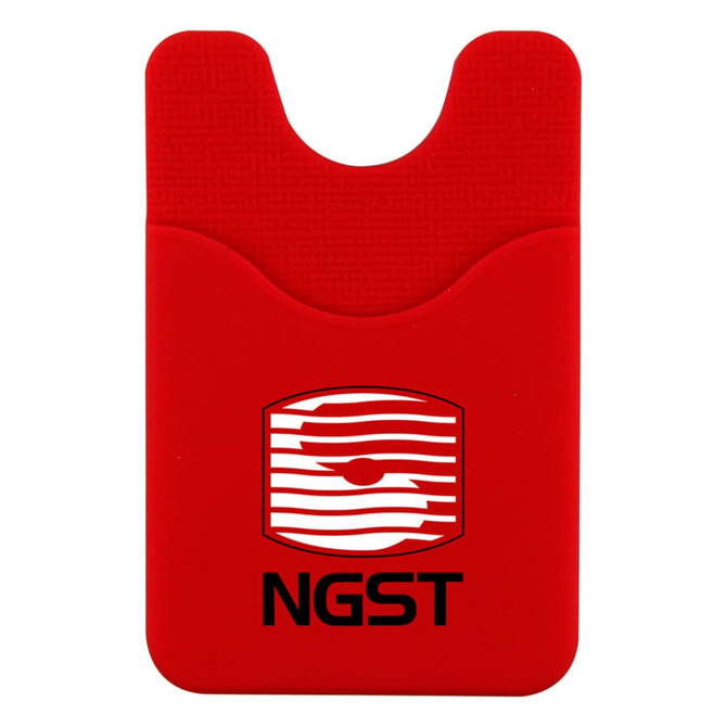 A red phone wallet with a textured design and a logo featuring horizontal stripes and text.