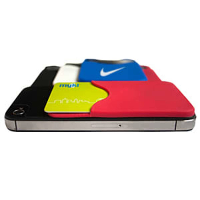 A smart wallet in red, black, and blue, holding various cards and featuring a logo.