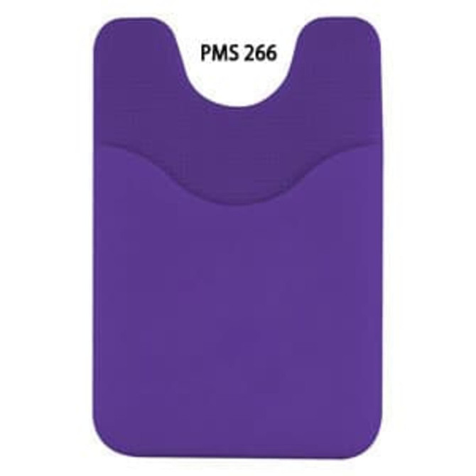A purple phone wallet with a textured top section and a slot for cards. It features a simple design and a logo.