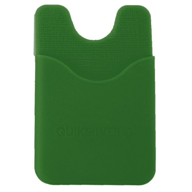 A green silicone phone wallet with a textured top and a logo. It has a sleek, minimalist design.