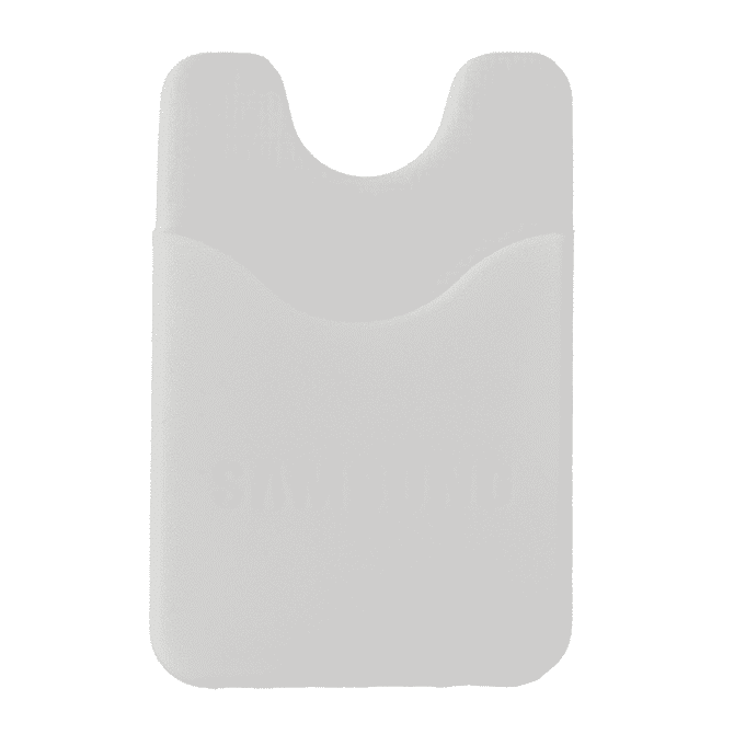 A sleek white phone wallet with a pocket designed for cards; features a brand logo on the front.