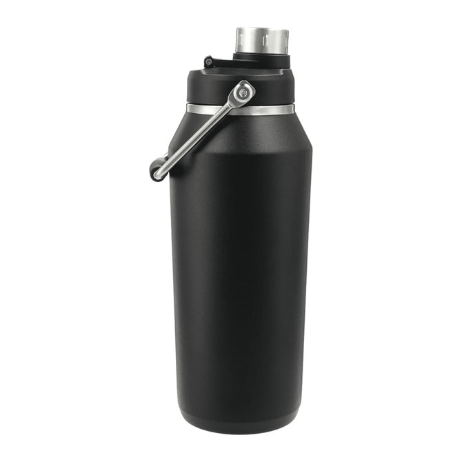 A drink bottle in matte black with a silver cap and handle, featuring a logo on the body.