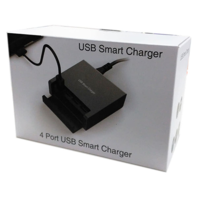 A USB Smart Charger in a white box, featuring a black device with multiple USB ports. Includes a cable.