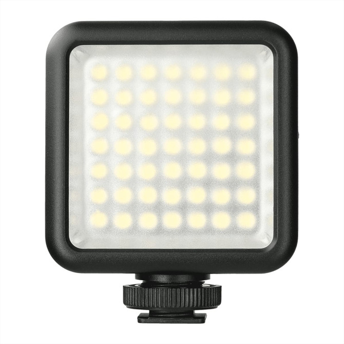 A square portable video light with a black frame and multiple LED bulbs, designed for use with laptops and tablets.